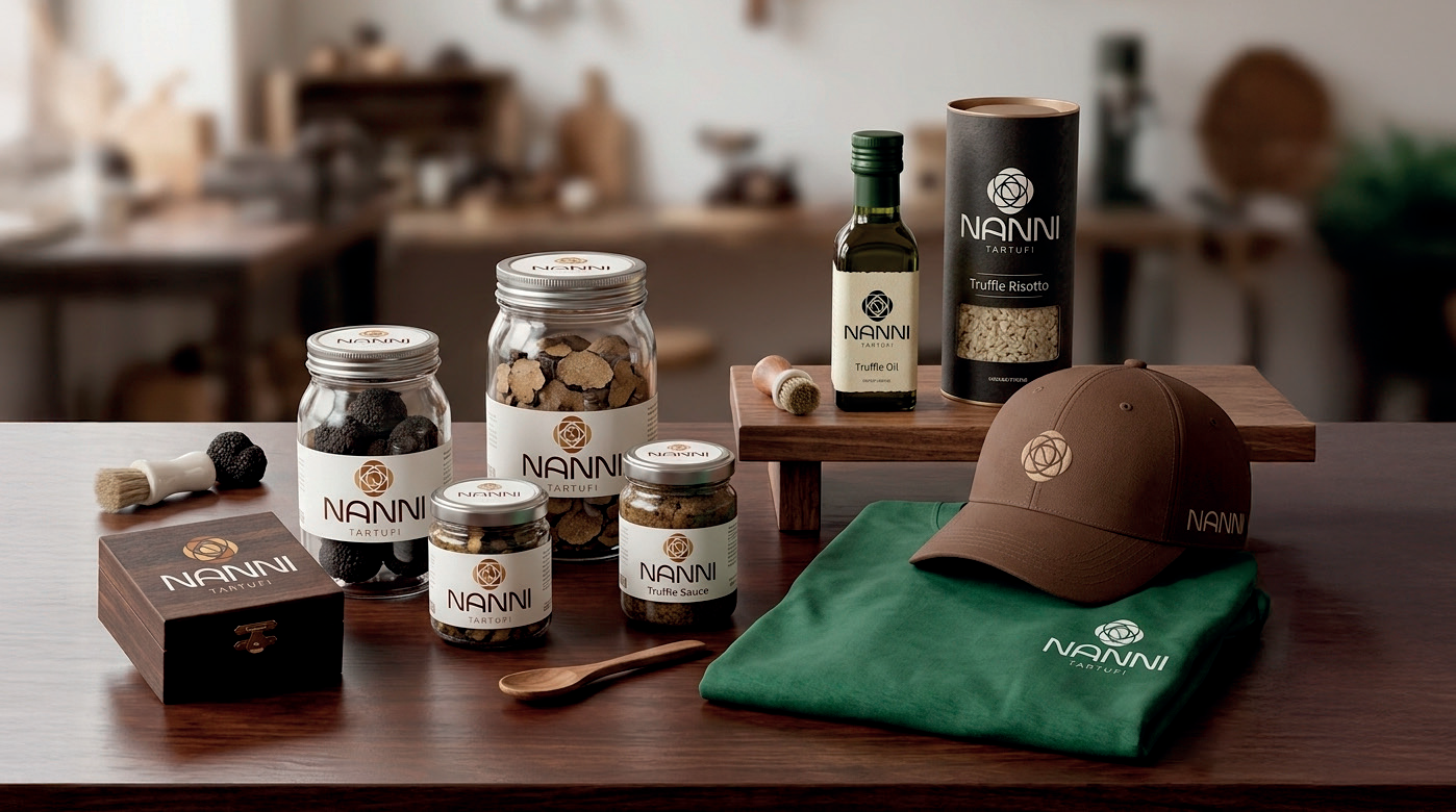 Nanni Tartufi — applicazione illustrativa del marchio e del packaging